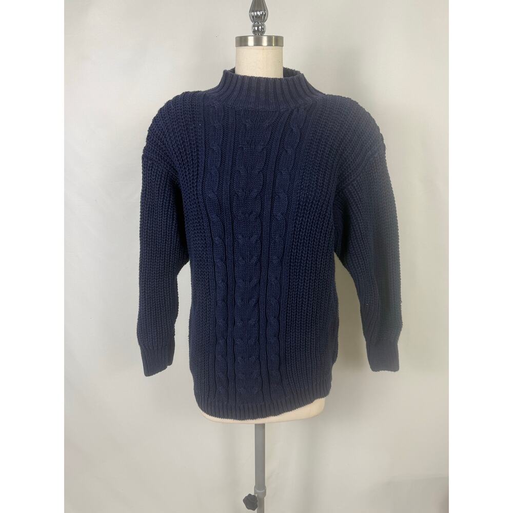 Marsh‎ Landing Large Navy Thick Wool Pullover Turtleneck Cableknit Sweater Ramie